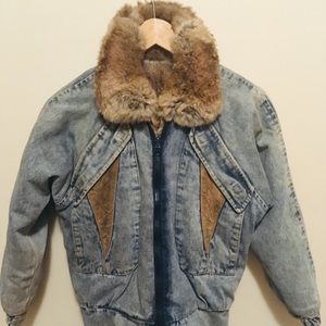 Reversible Vintage Bomber Jean Jacket w/rabbit fur